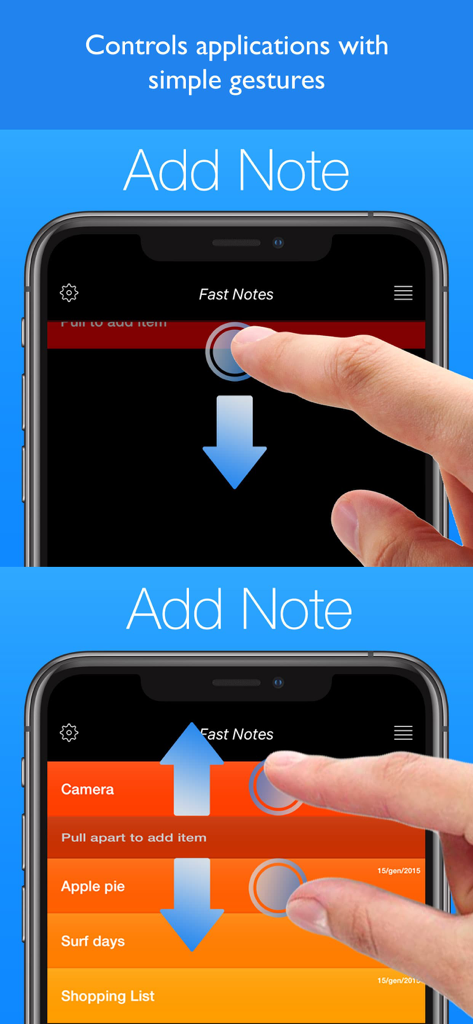 Fast Notes Pro ,Memo and lists - Demonstration of adding notes using swipe and pull gestures in the Fast Notes Pro app on an iPhone.
