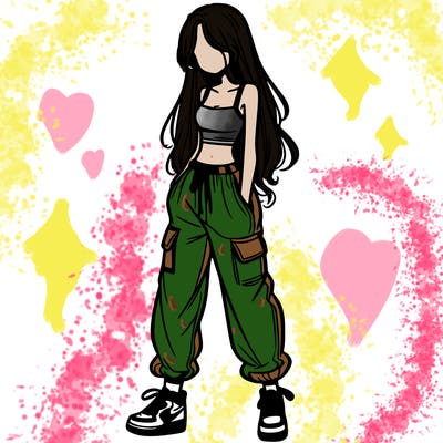girl in baggy pants crop top and long hair