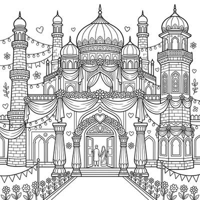 Step into a world of royal romance with this enchanting palace wedding coloring page, specially designed for toddlers. Its thick lines and simple shapes make it easy and fun for little artists to color a magnificent celebration.