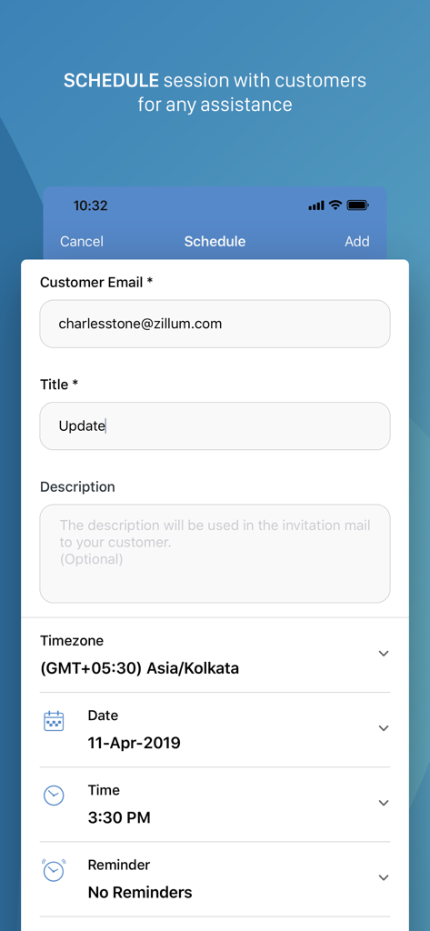 Zoho Assist - Remote Desktop - Interface for scheduling a remote desktop support session with a customer in the Zoho Assist app