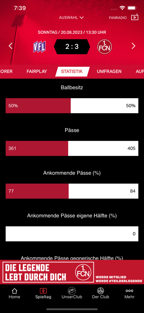 1. FCN - La aplicación 1. FC Nürnberg mostrando la pantalla de estadísticas del partido con posesión y precisión de pases.