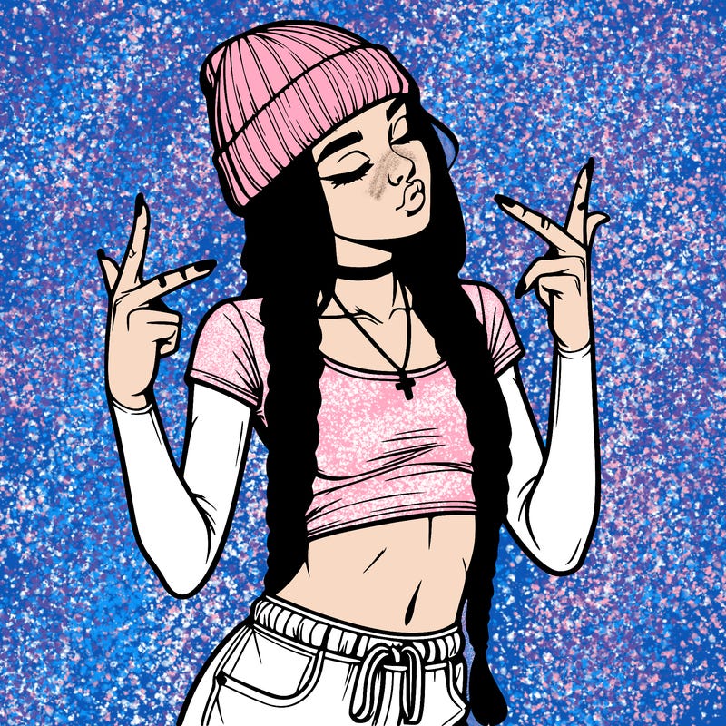 realistic teenage girl with braids and a beanie and crop top doing 🫶🏼