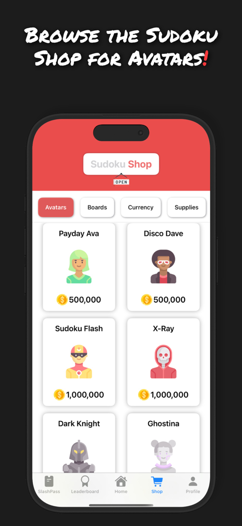 Sudoku Multiplayer Puzzles - Negozio di gioco Sudoku che mostra vari avatar di personaggi disponibili per l'acquisto con monete