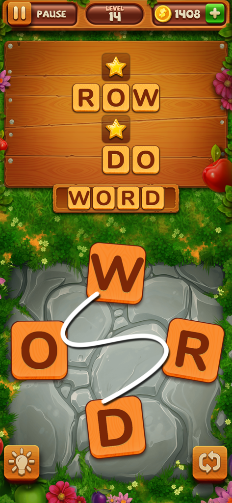 Word Yardのゲームプレイのスクリーンショット。文字をつなげてワードパズルを解いている様子が示されています。