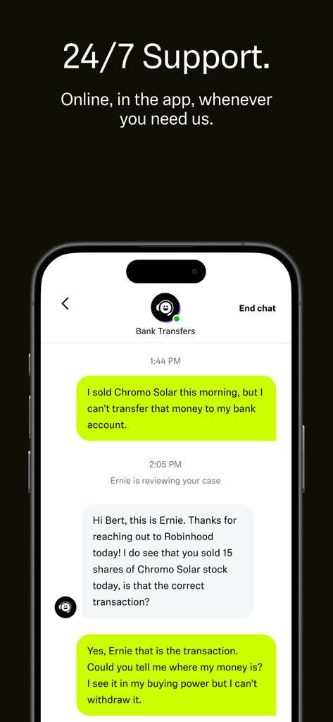 Robinhood app 24/7 live chat support interface showing a customer conversation with an agent.