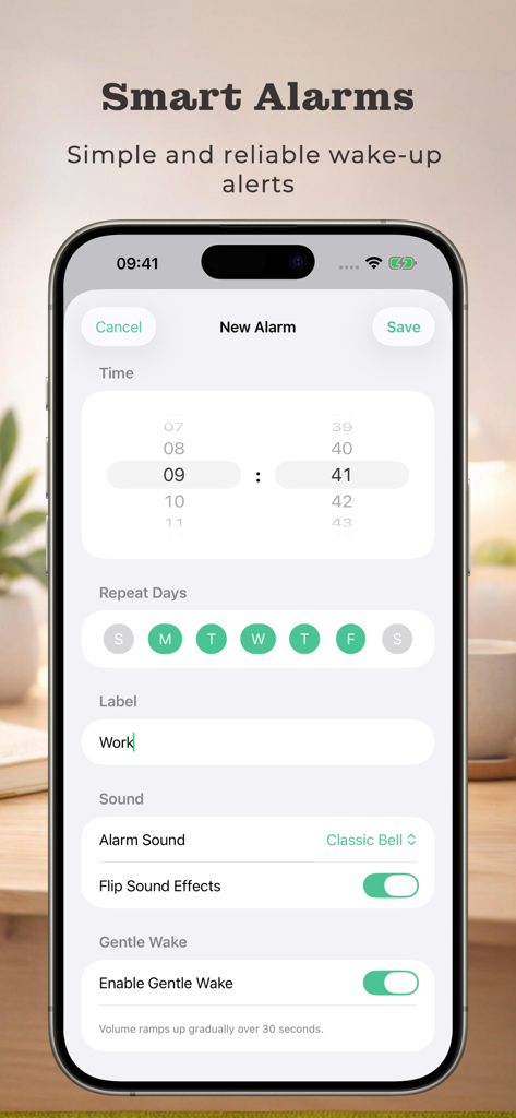 Flipora app smart alarm setup screen featuring a clean minimalist interface for setting wake up alerts
