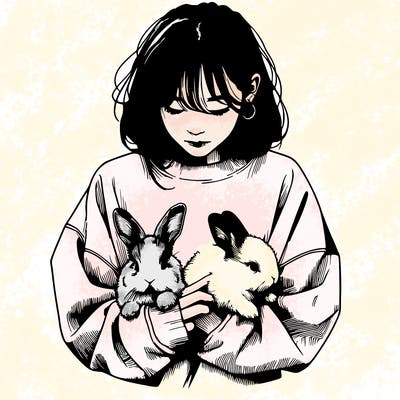 realistic girl with messy bunny baggy sweatshirt and holding bunnies