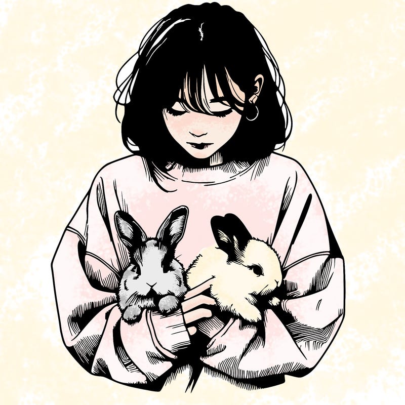 realistic girl with messy bunny baggy sweatshirt and holding bunnies