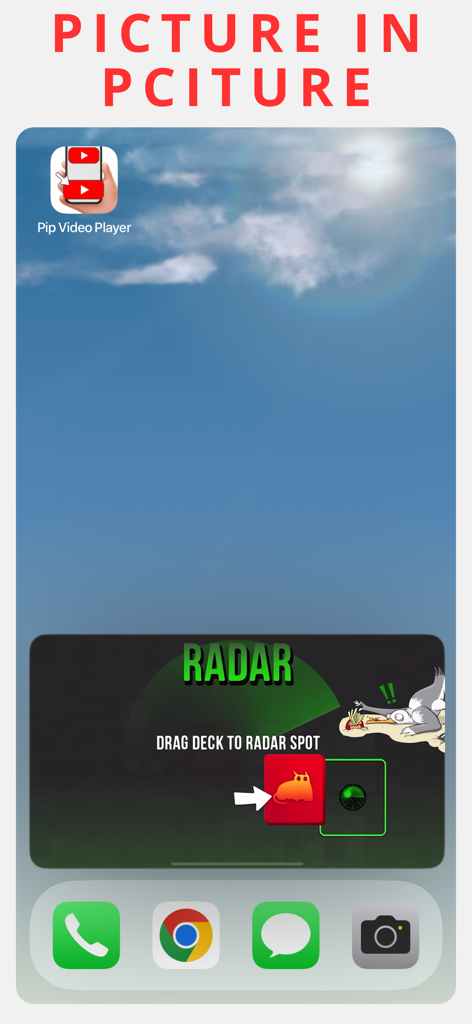 Pip Video Player - Écran d'accueil de l'iPhone montrant une vidéo en lecture dans une fenêtre Picture-in-Picture flottante à l'aide de l'application Pip Video Player.