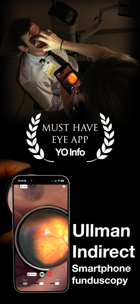 My Call Bag: Ophthalmology App - Profissional de saúde usando um smartphone para exame de fundo de olho por oftalmoscopia indireta