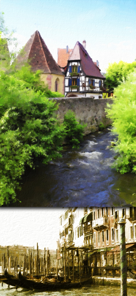 PhotoArtista - Oil - Two landscape photos transformed into fine art oil paintings featuring a riverside cottage and a Venice canal scene