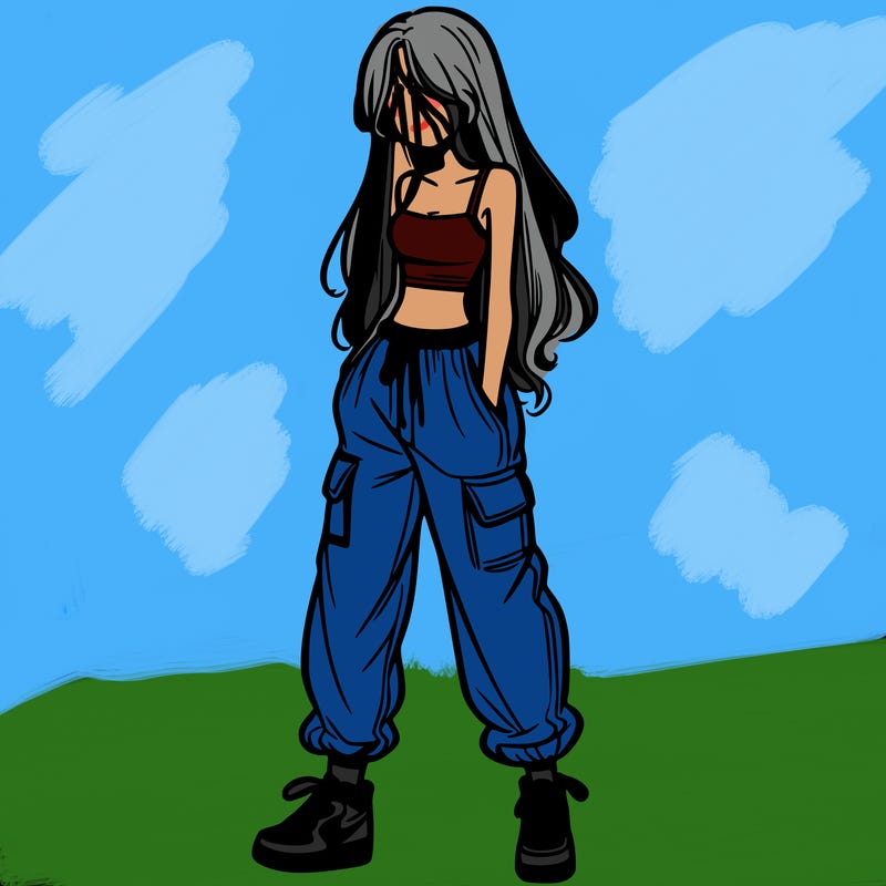 girl in baggy pants crop top and long hair