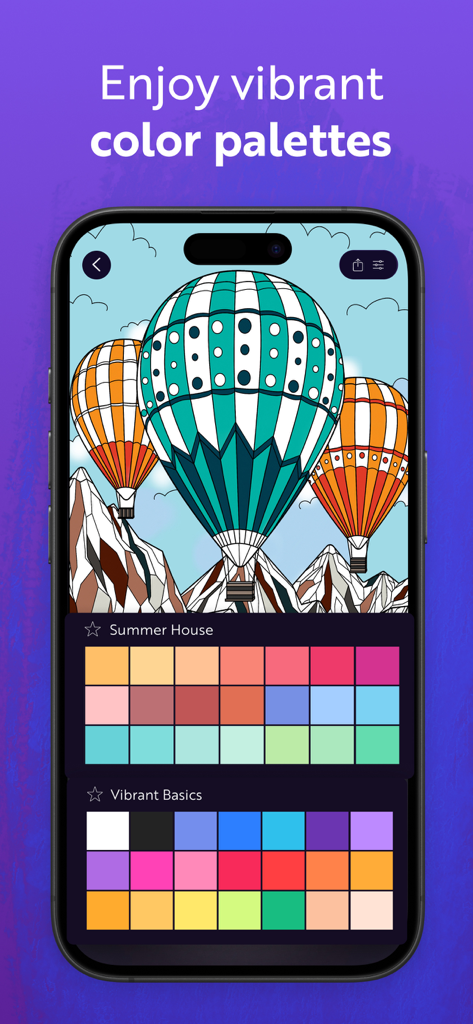Zenful: Cozy Coloring Books - Digital coloring screen showing vibrant color palettes and a hot air balloon design