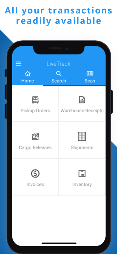LiveTrack by Magaya - LiveTrack by Magaya mobile app dashboard showing options for pickup orders warehouse receipts and shipments