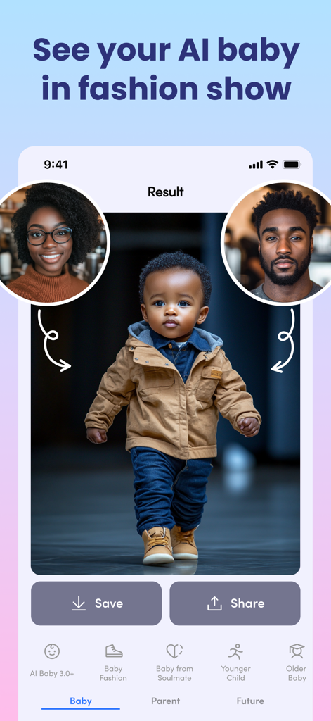AI Baby Generator: Face Maker - Bébé généré par IA portant des vêtements à la mode, montré dans une interface de défilé de mode avec des photos des parents