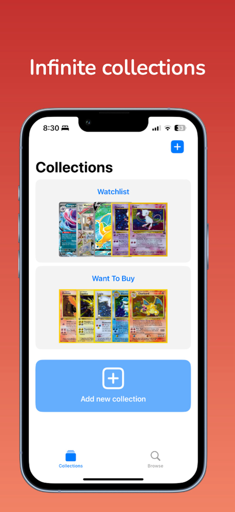 CatchEm app screen showing organized Pokémon card collections for a watchlist and want to buy list