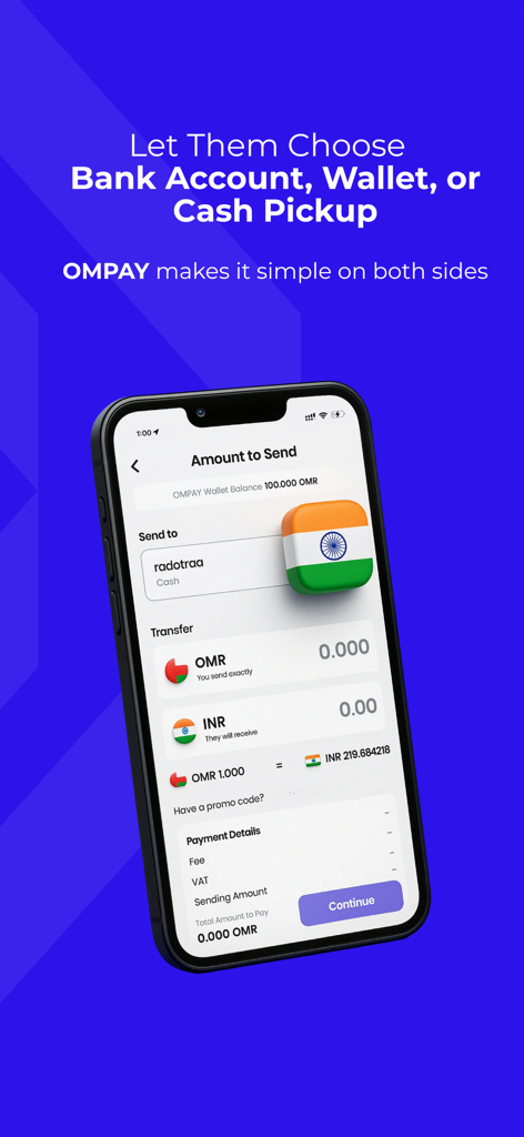 OMPAY - OMPAY mobile app interface for international money transfers with flexible pickup options and currency exchange rates.