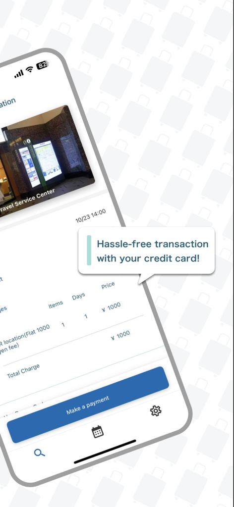 ecbo cloakアプリのスクリーンショット。日本での荷物預け場所予約のクレジットカード払い画面を表示