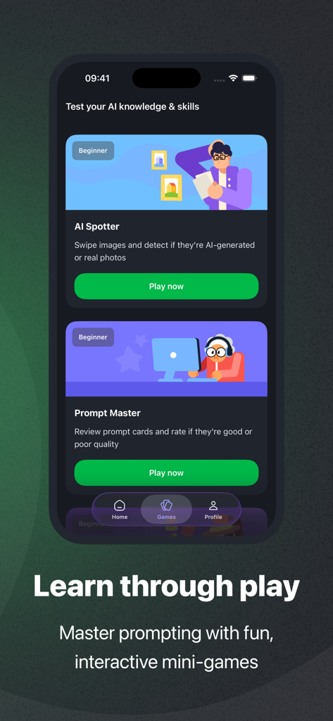 Interface do aplicativo Coursiv exibindo jogos interativos de IA, AI Spotter e Prompt Master, para teste de habilidades.