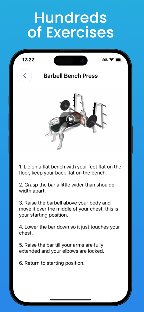 Fitlist app screen showing barbell bench press technique and detailed exercise instructions