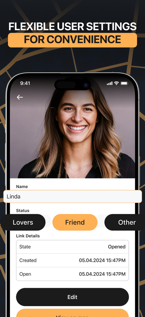 Uma interface de aplicativo móvel mostrando as configurações do usuário e categorias de relacionamento para um contato chamado Linda.