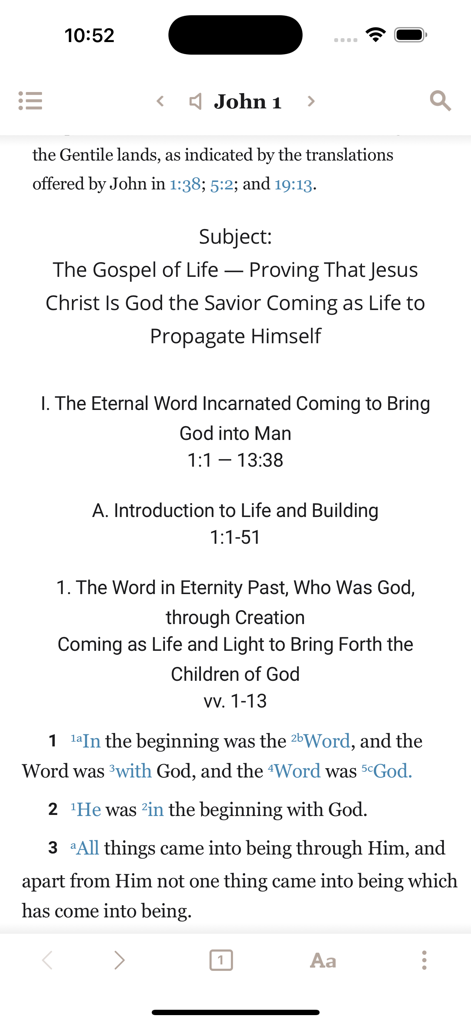 Holy Bible Recovery Version - Holy Bible Recovery Version app showing the Gospel of John with study outlines and footnotes.
