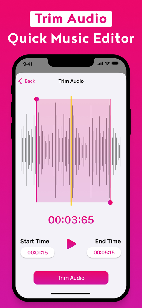 ClipTube: Video to MP3 Maker - Una interfaz de aplicación móvil para recortar audio con visualización de forma de onda y herramientas de selección de tiempo.