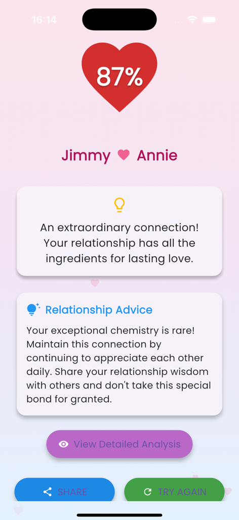 Love Tester - Crush Test - Jimmy와 Annie 사이에 87%의 궁합 점수를 보여주는 사랑 테스트 앱 결과 화면.