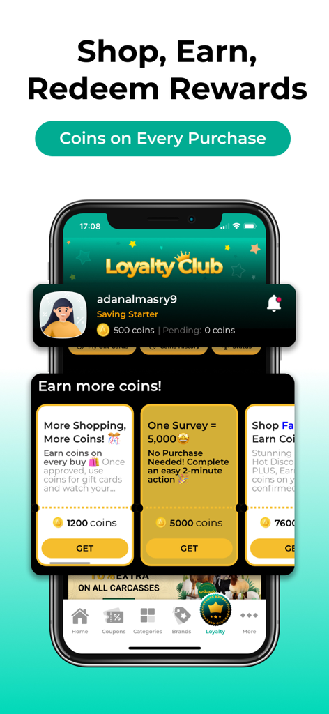 Almowafir app loyalty club screen showing coin rewards and ways to earn coins