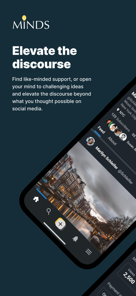 Minds.com - Minds mobile app interface showcasing a user profile and the slogan Elevate the discourse