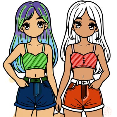 two sisters with crop tops and jean shorts and straight hair