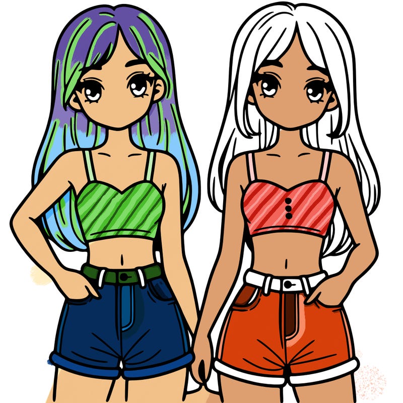 two sisters with crop tops and jean shorts and straight hair