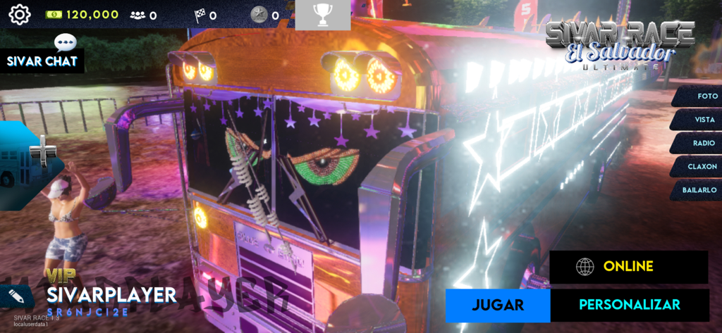 Sivar Race Ultimate - Main menu of Sivar Race Ultimate showing a highly customized bus with LED star lights and stickers