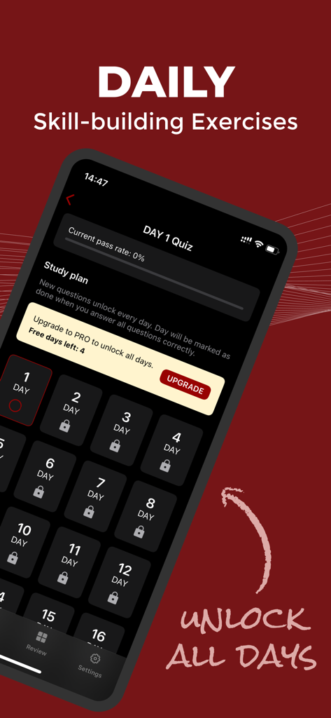 Schermata mobile che mostra un piano di studio giornaliero strutturato con esercizi per lo sviluppo delle competenze per la preparazione all'esame CSCP.