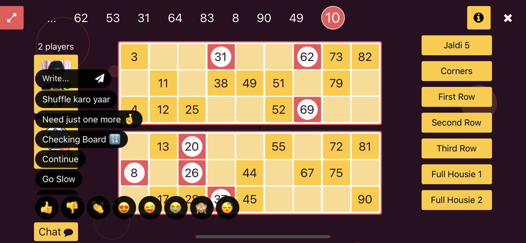 Online Tambola - Paperless - Gameplay of Online Tambola showing digital tickets and real-time social chat.