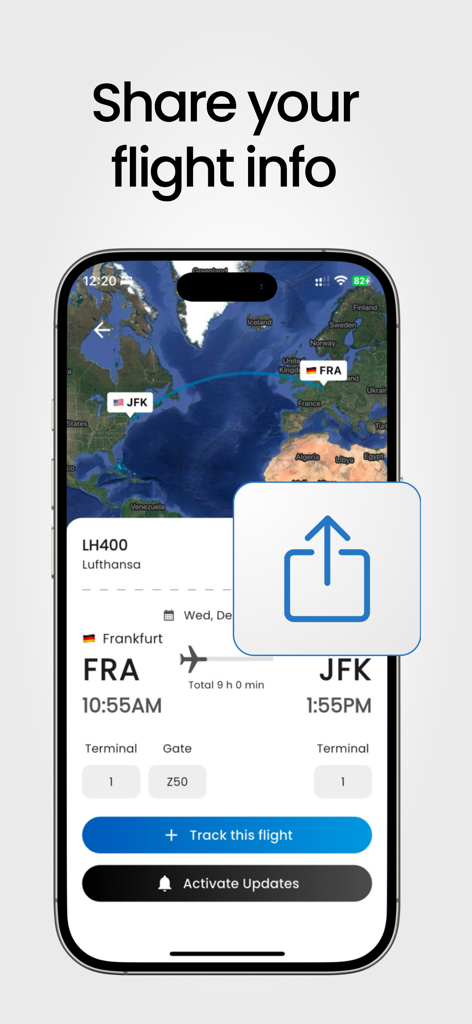 Smartphone app screen showing Lufthansa flight details from Frankfurt to New York with a share icon and flight path map.