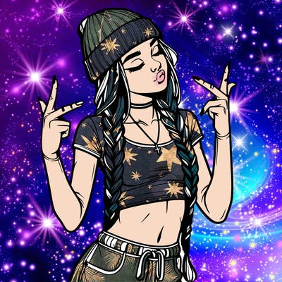 realistic teenage girl with braids and a beanie and crop top doing 🫶🏼