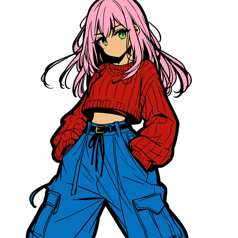anime teen girl with baggy pants and crop top with sweater