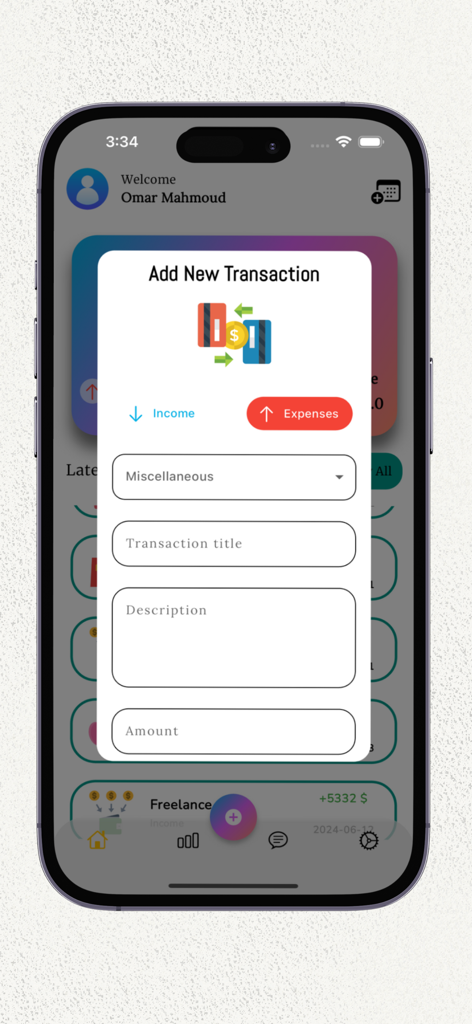 CashBot — Smart Budget - Interface of CashBot app showing the Add New Transaction modal with fields for category, title, description, and amount.
