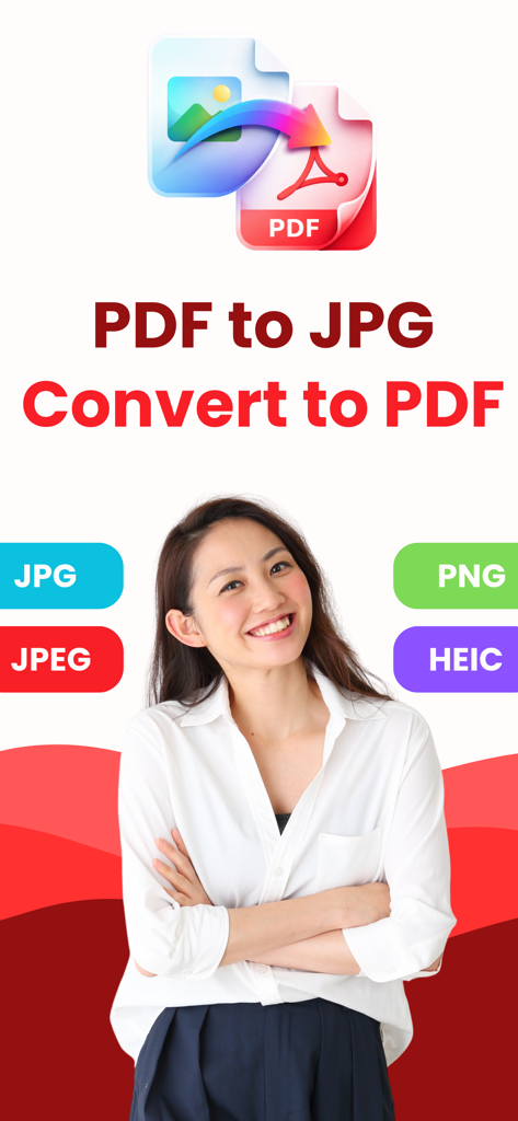 JPG to PDF: Convert Picture to - Mujer profesional sonriente con etiquetas de formato de imagen para JPG PNG y HEIC junto al texto de conversión de PDF