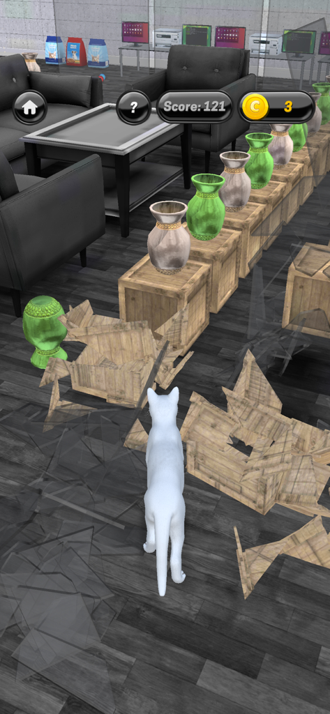 My Kitten (Cat Simulator) - A white kitten playing a mini-game breaking vases in My Kitten Cat Simulator