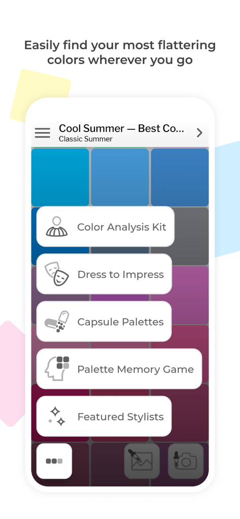 My Best Colors app main menu showing seasonal color analysis and wardrobe coordination features over a Cool Summer palette