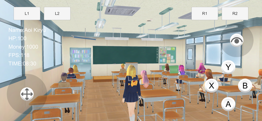 Women's School Simulator Next - Anime student character in a classroom setting with on-screen game controls