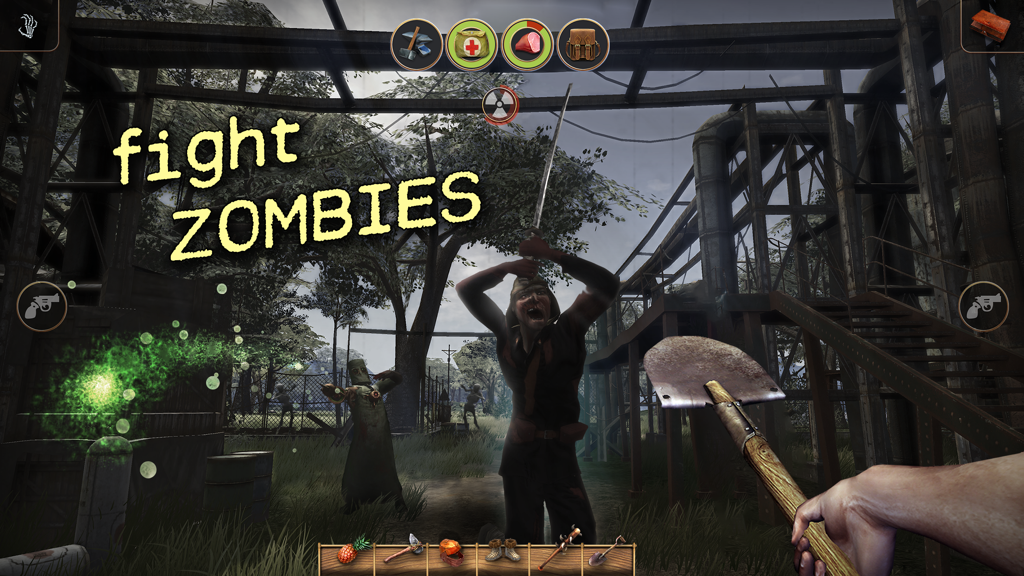 Radiation Island - First-person perspective of a player fighting zombies with a shovel in an industrial environment.