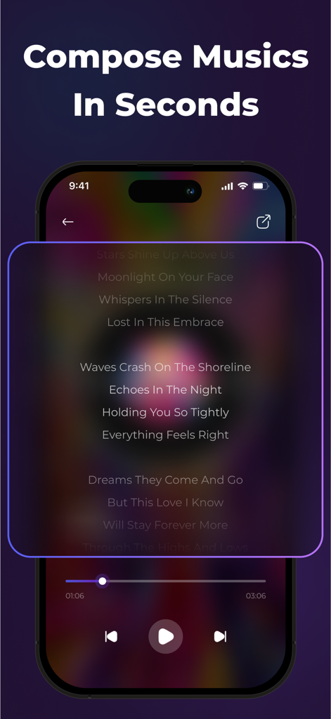 Soundful app interface showing AI-generated lyrics and music playback controls.