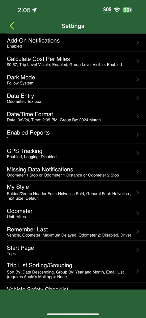 Track My Mileage And Time - Track My Mileage and Time app settings menu featuring mileage cost calculation and GPS tracking options