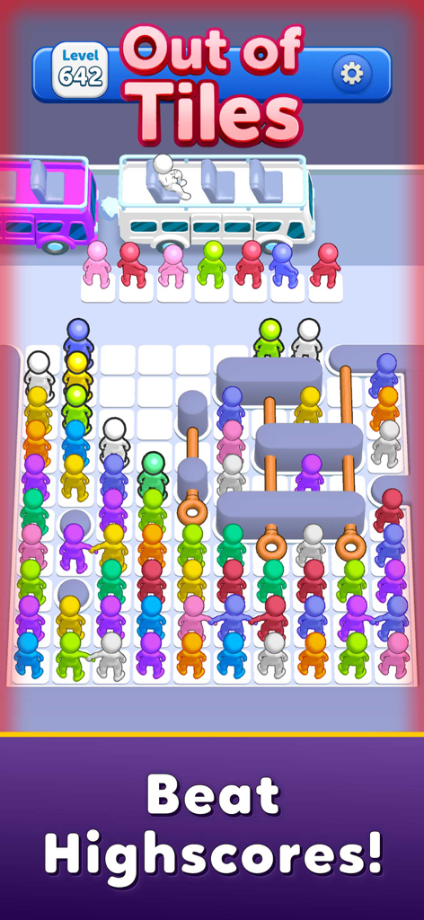 A mobile game screen showing colorful stick figures in a grid being sorted to board matching colored buses.