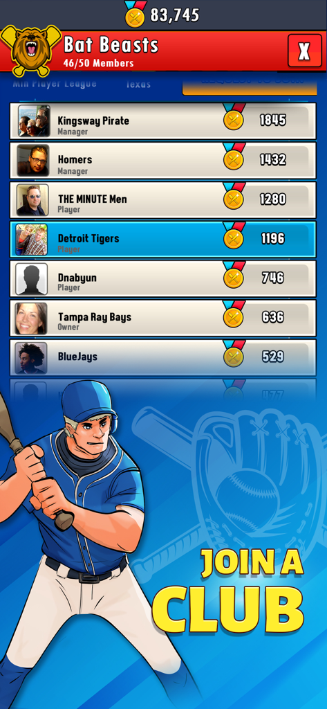 Super Hit Baseball - A menu screen in Super Hit Baseball showing a club member leaderboard and a prompt to join a club