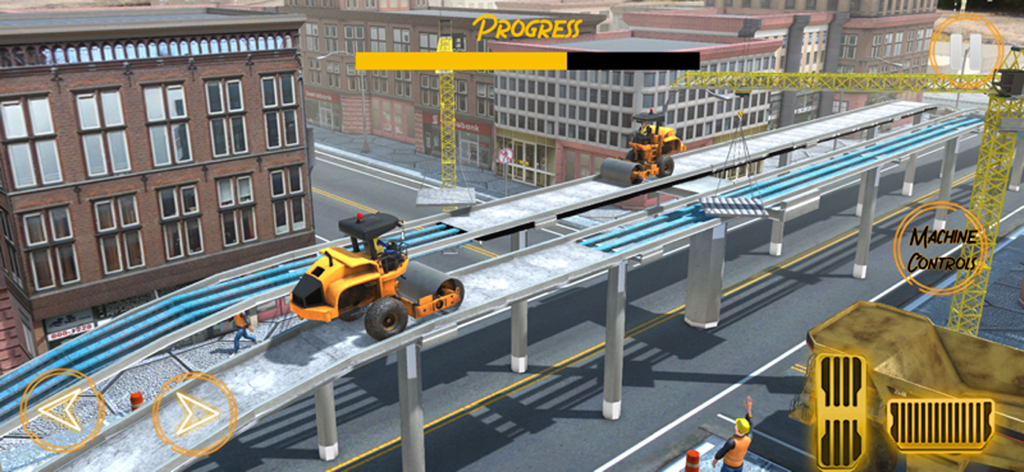 Operating a yellow road roller on a bridge in Construction Simulator 3D Game