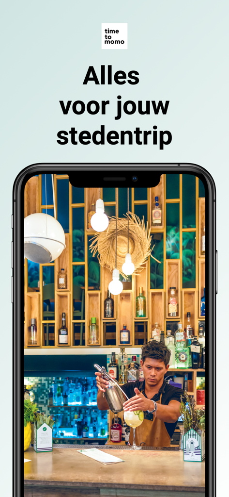 Time to Momo: stedentrips - A smartphone showing the Time to Momo app with a bartender in a stylish local bar and Dutch text for city trip planning.